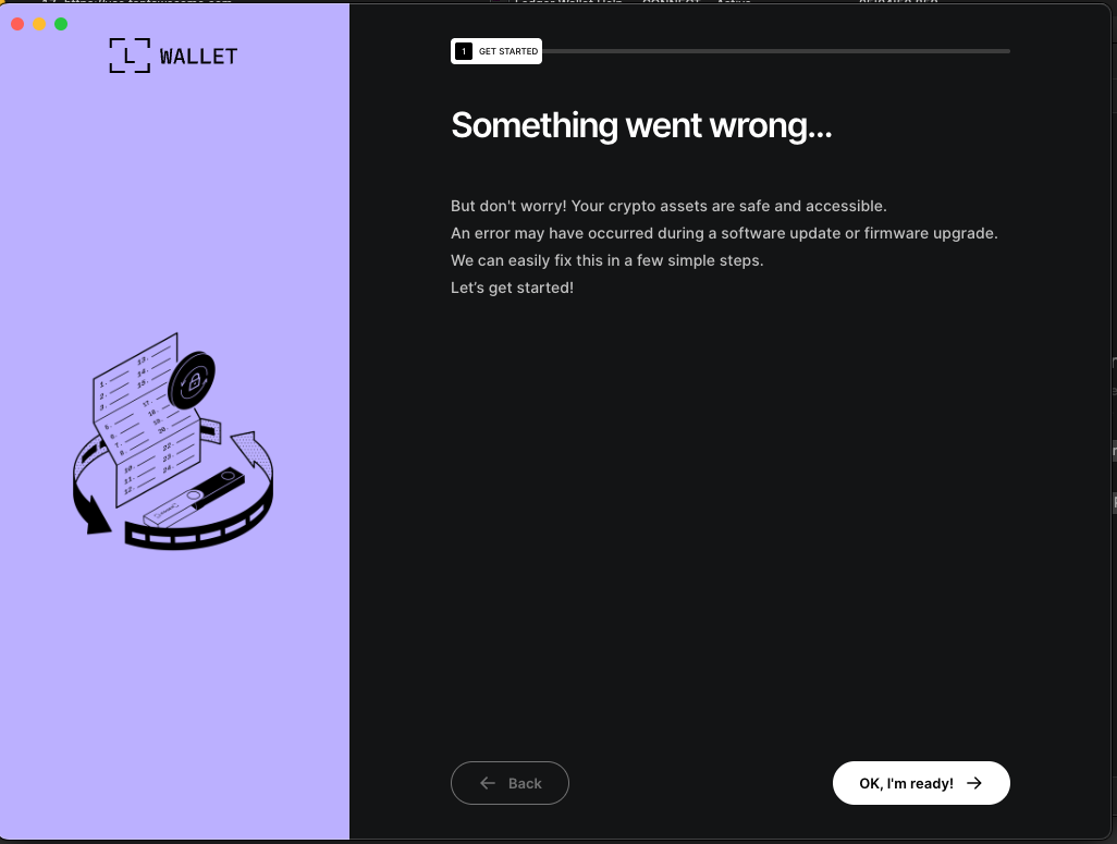 backdoored Ledger Wallet app prompting victim to enter hardware wallet recovery seed after fake error