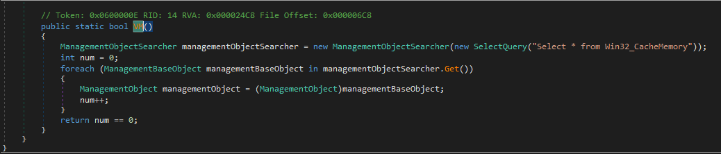 DNSpy showing Win32_CacheMemory WMI query used for VM detection