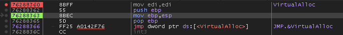 WinDbg registers ESI and EDI showing PE header bytes in memory after VirtualAlloc