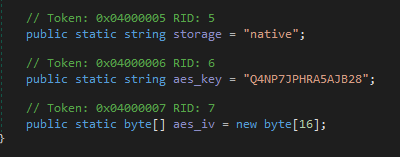 DNSpy Settings class showing encrypted baseData blob value