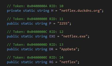 DNSpy showing NJRat C2 domain netflex.duckdns.org and installation directory