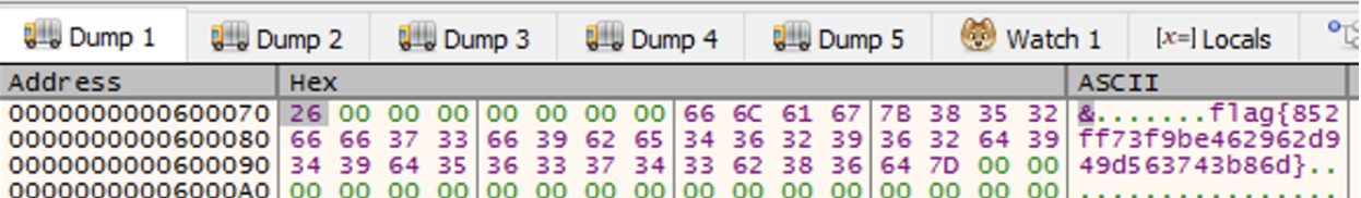 x64dbg dump view showing decrypted NimCrackMe1 flag bytes in R11