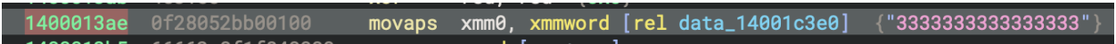 x64dbg disassembly showing XOR key being loaded into XMM0 at 1400013ae