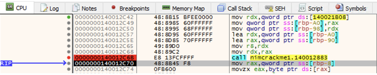 x64dbg breakpoint at 140012c6b showing R11 register after xorStrings call in NimCrackMe1
