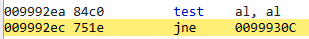 WinDbg showing return from anti-VM function with test al, al about to execute
