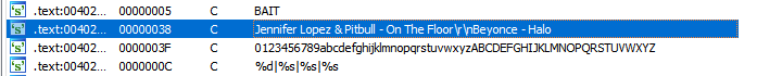 IDA Pro strings view showing suspicious music track names used as anti-analysis decoys
