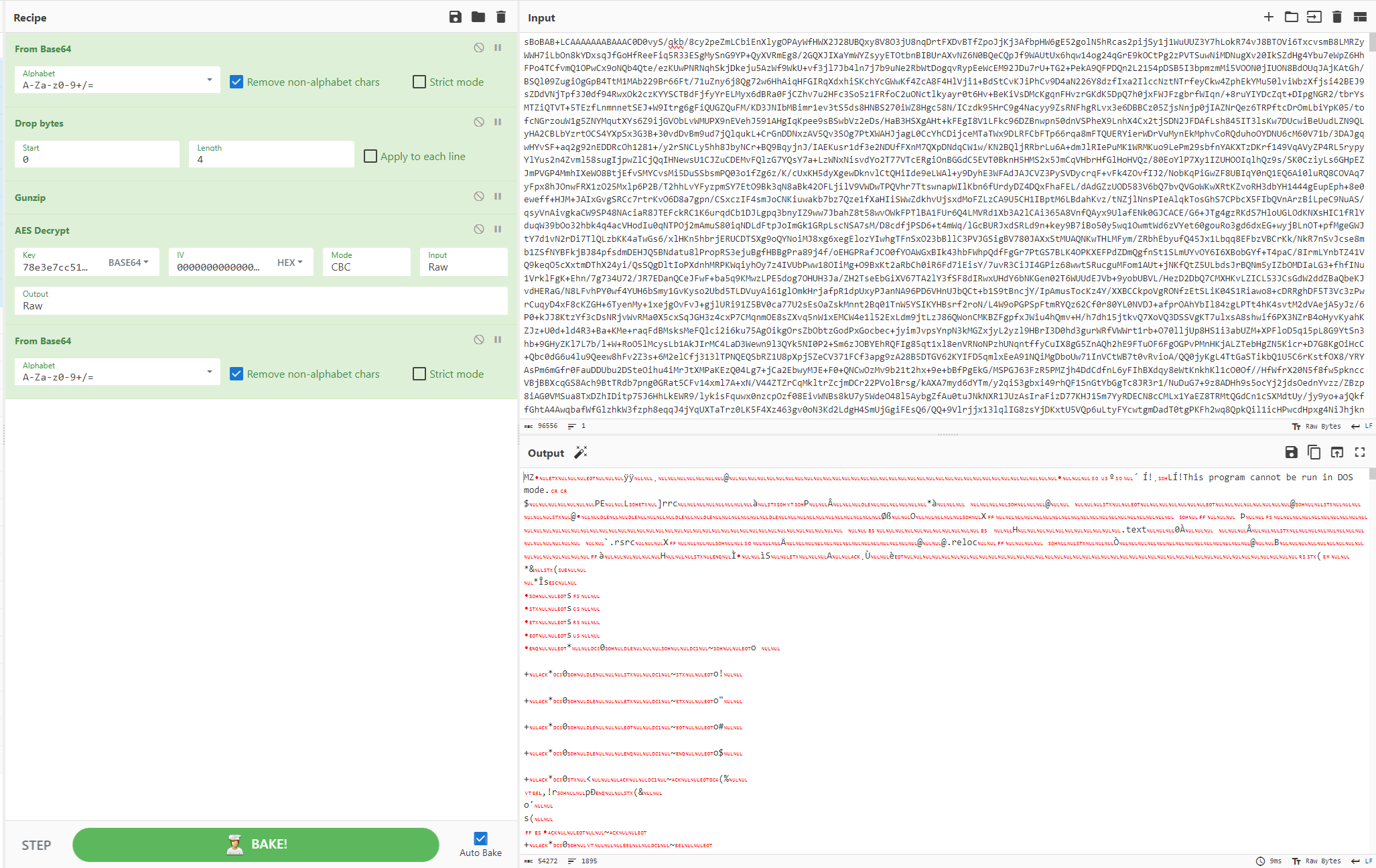 CyberChef recipe output revealing decrypted .NET executable from netflex.exe