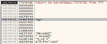 x32dbg dump view showing MZ DOS header of embedded PE
