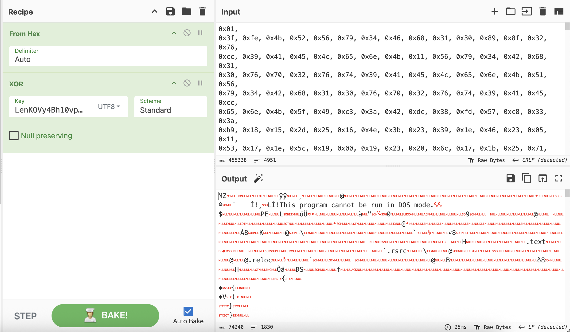 CyberChef XOR decryption using key LenKQVy4Bh10vp2vt9AE revealing the KoiStealer assembly