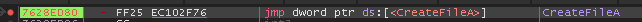 WinDbg breakpoint on CreateFileA showing insttect.exe opening Single.ini