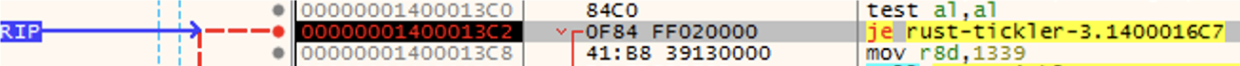 x64dbg disassembly at 1400013C2 showing conditional jump choosing ID 1338 or 1339