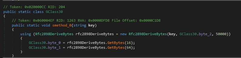 DNSpy showing Rfc2898DeriveBytes key derivation using the config password value