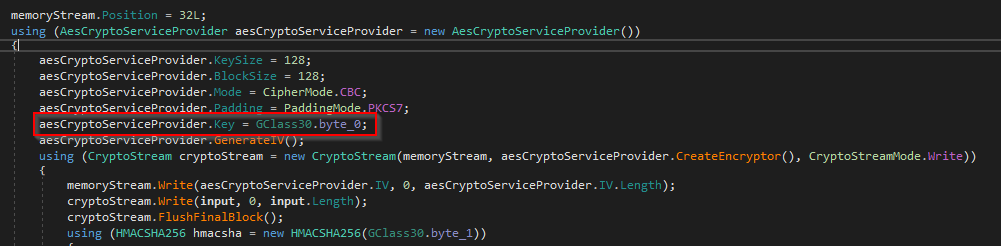 DNSpy showing AES decryption routine using the PBKDF2-derived key
