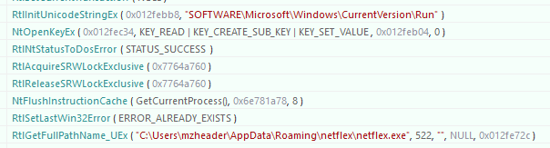 API Monitor showing registry run key write for persistence