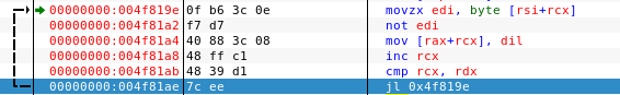 EDB disassembly showing flag byte writing loop between 0x4f819e and 0x4f81ae