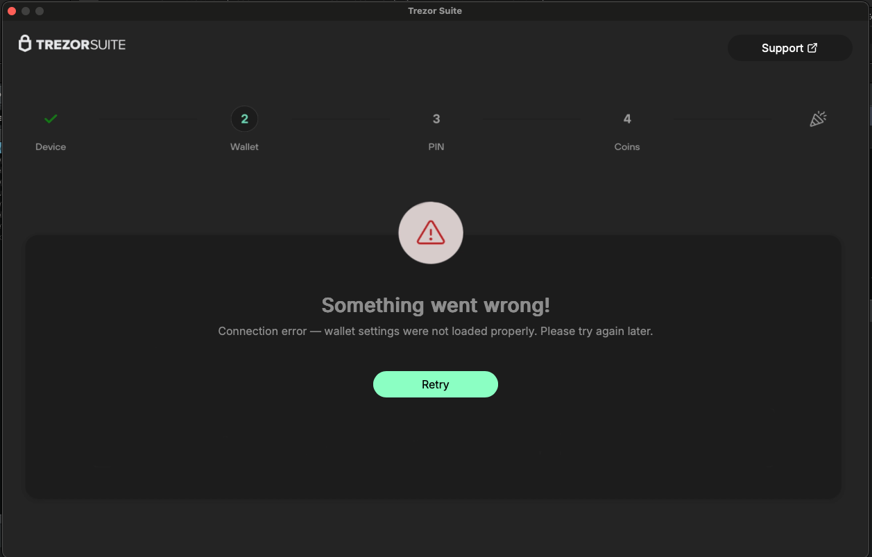 fake error message shown by trojanised Trezor app after recovery seeds are exfiltrated to attacker C2