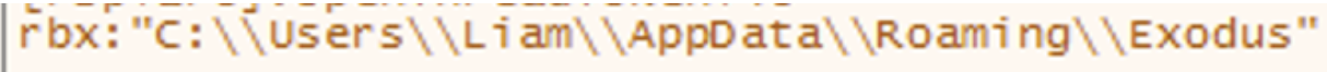 x64dbg showing constructed Exodus directory path string used for existence check