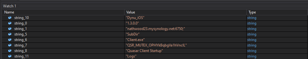 DNSpy locals window showing all decrypted Quasar RAT configuration strings including C2