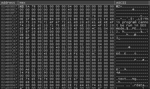 WinDbg memory view showing further PE header bytes confirming executable in memory
