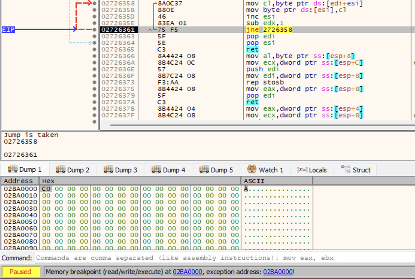 WinDbg memory write breakpoint at 02BA0000 showing payload being written in a loop