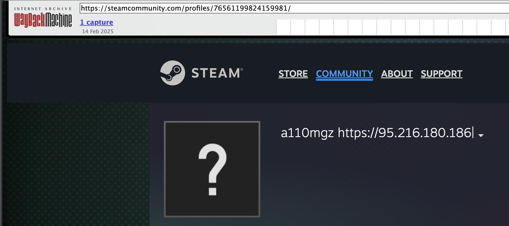 Web Archive snapshot from Feb 2025 showing Vidar C2 IP 95.216.180.186 on Steam dead-drop profile