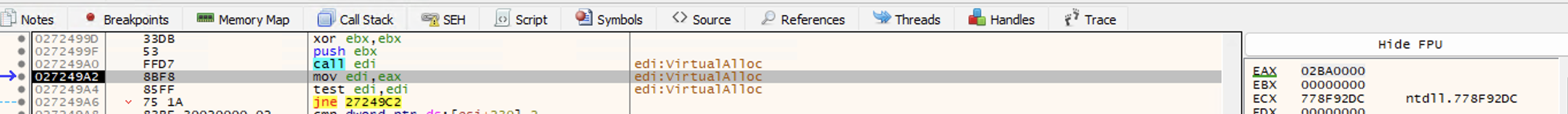 WinDbg breakpoint on VirtualAlloc indirect call in Howard.exe at return address 02BA0000