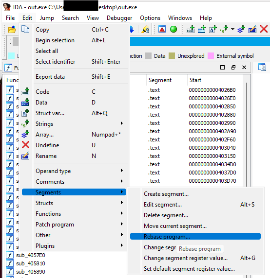 IDA Pro Rebase Program dialog setting base address to 00990000 to match WinDbg