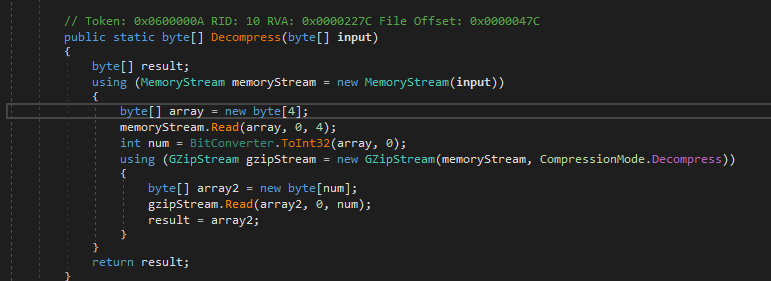 DNSpy showing GZip decompress function that strips the first 4 bytes before decompression