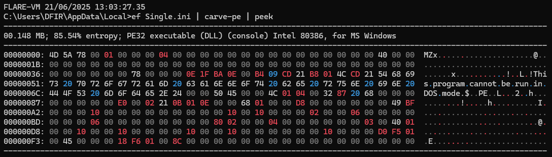 Binary Refinery carve-pe peek output showing PE carved from Single.ini