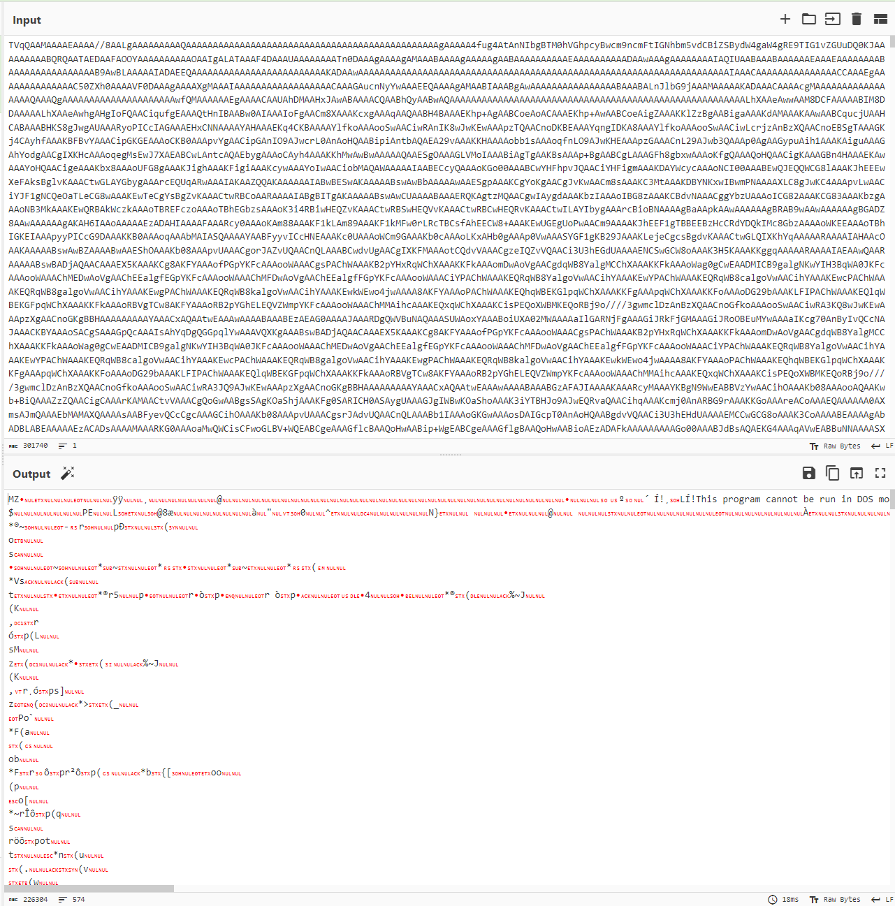 CyberChef From Base64 operation revealing MZ header of dropped executable