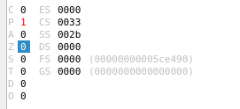 EDB registers panel showing Zero Flag being changed from 1 to 0