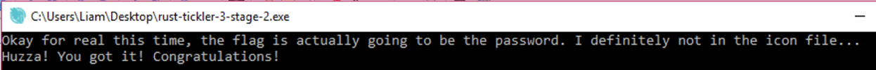 Rust Tickler 3 terminal output after patching stage 2 memcmp showing partial progress message