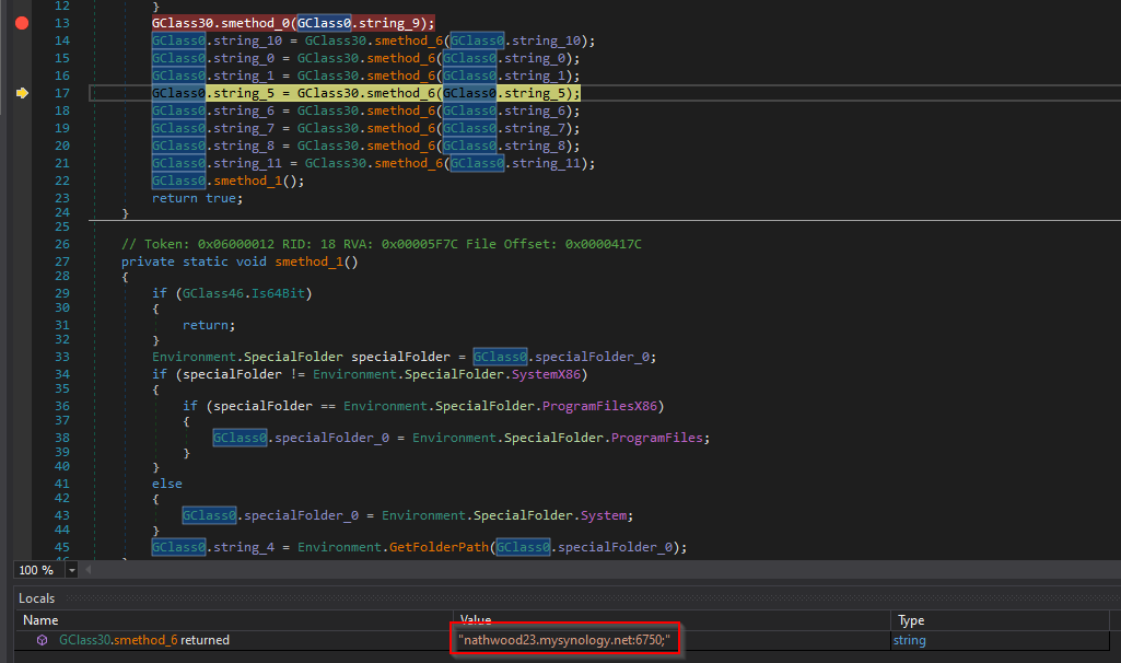 DNSpy breakpoint set at the config decryption method to reveal plaintext values
