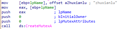 IDA Pro decompiler showing mutex creation with value zhuxianlu in the second loader DLL