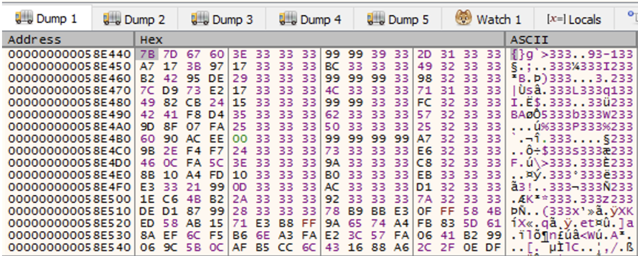 x64dbg dump view showing encrypted HNTS data in RDX before XOR decryption