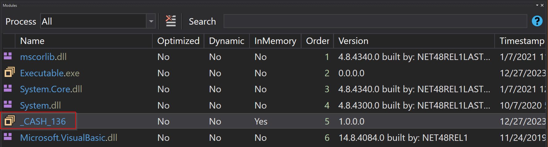 DNSpy debugger showing a suspicious unnamed module being loaded in memory