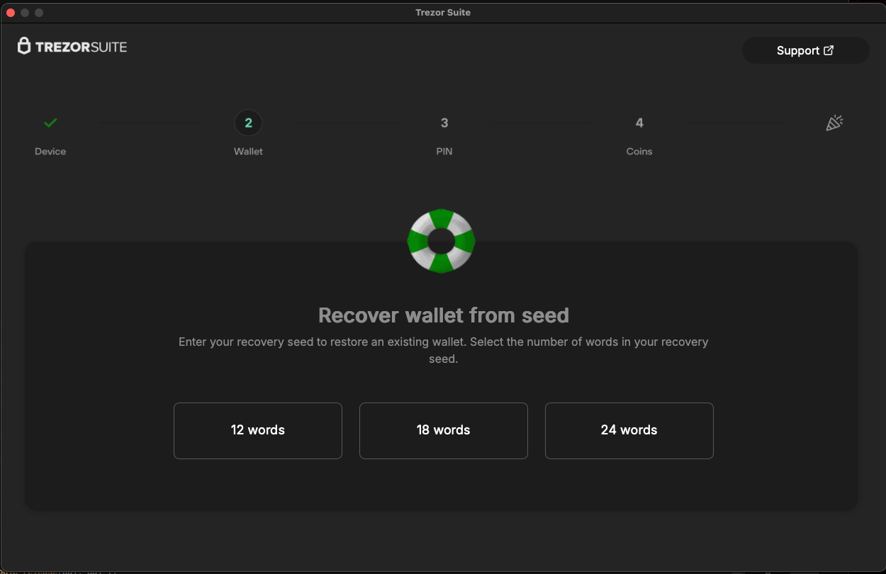 trojanised Trezor Suite WebView loader page hosted at ballfrank.today prompting for recovery seed