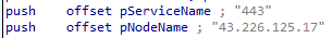 IDA Pro showing Config2.ini loader DLL C2 address 43.226.125.17 used for Telegram/WhatsApp path