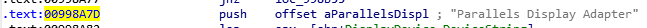 WinDbg breakpoint set at 0x00998A7D for the Parallels display adapter anti-VM check