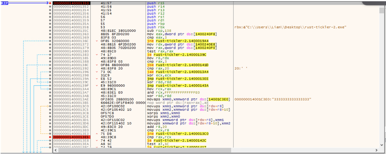 x64dbg breakpoint set at 0x140001350 with disassembly visible