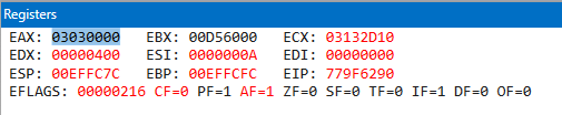 WinDbg registers view showing EAX pointing to 03030000 as the lpAddress argument