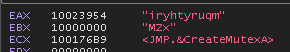 WinDbg showing CreateMutex call creating the zhuxianlu mutex