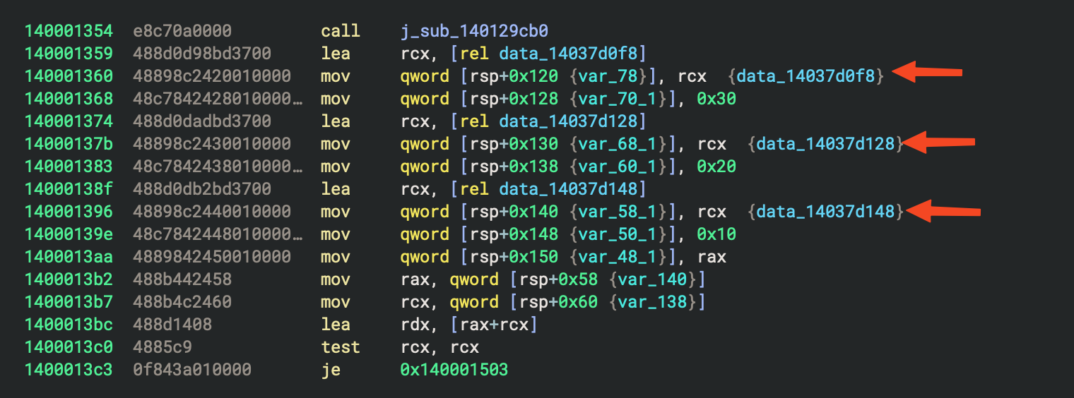 IDA Pro showing AES ciphertext, key, and IV data variables between 140001354 and 1400013c3
