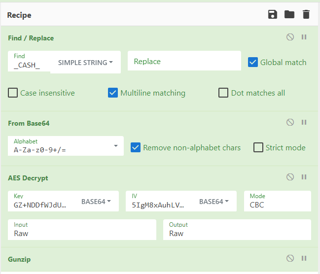 CyberChef recipe removing underscores, base64 decoding, AES-CBC decrypting, and gunzipping the blob