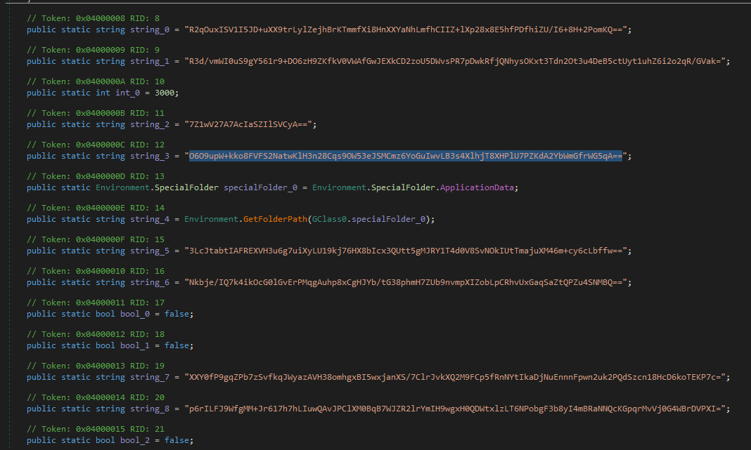 DNSpy showing GClass0 fields containing base64 encoded encrypted configuration strings