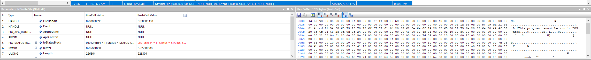 API Monitor NtWriteFile call showing first bytes of a PE being written to disk